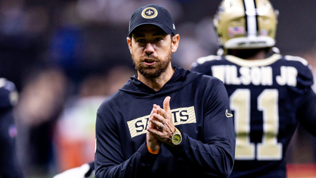 New Orleans Saints offensive coordinator Klint Kubiak reacts against the Carolina Panthers during the pregame at Caesars Superdome.