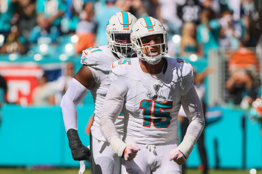 Miami Dolphins linebacker Jaelan Phillips (15) celebrates after sacking Jacksonville Jaguars quarterback Trevor Lawrence (not pictured) during the fourth quarter at Hard Rock Stadium. 