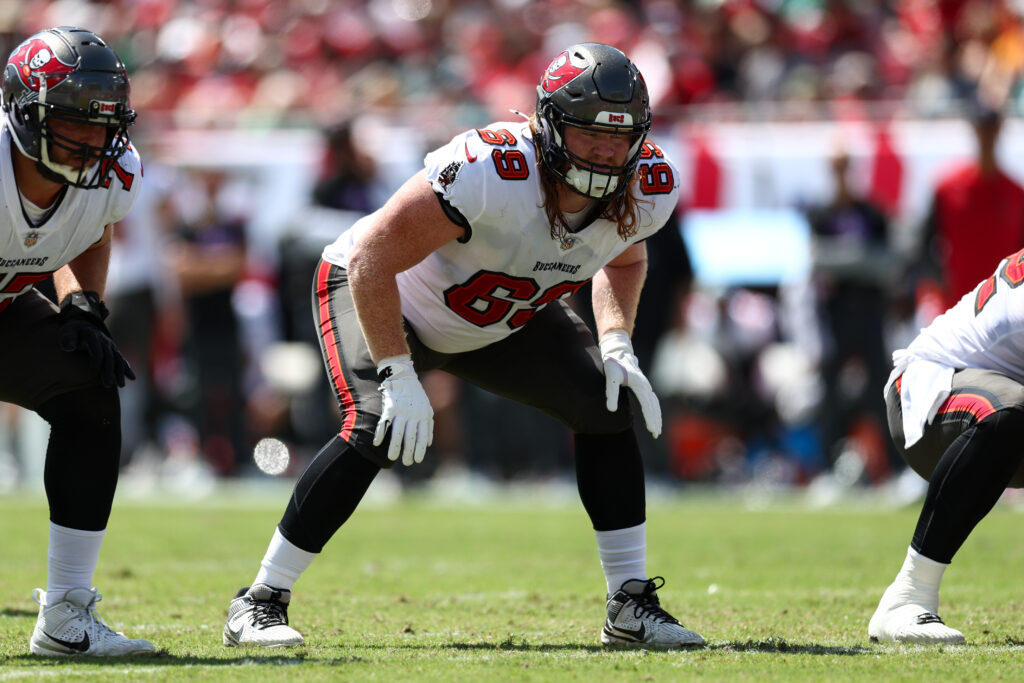 Tampa Bay Buccaneers guard Cody Mauch (69) lines up against the Philadelphia Eagles in the first quarter at Raymond James Stadium. 