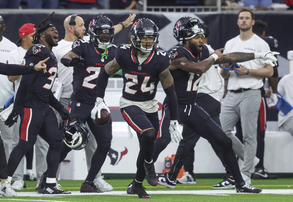 Houston Texans cornerback Derek Stingley Jr. (24) reacts after an interception during the game against the Miami Dolphins at NRG Stadium. 