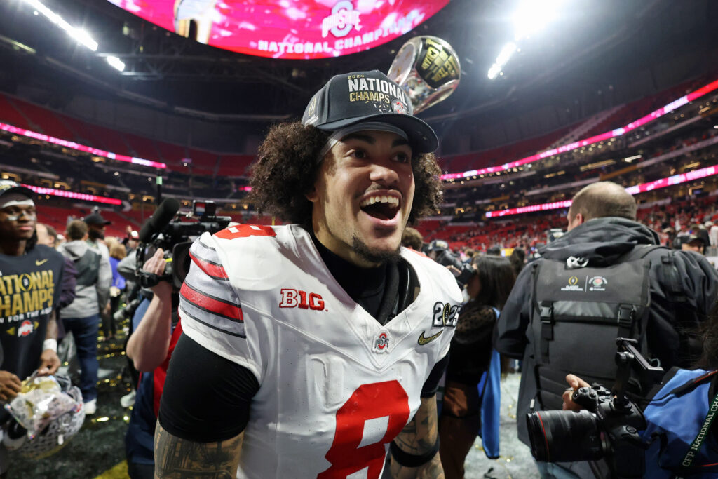 Ohio State Buckeyes safety Lathan Ransom (8) celebrates after winning against the Notre Dame Fighting Irish in the CFP National Championship college football game at Mercedes-Benz Stadium.