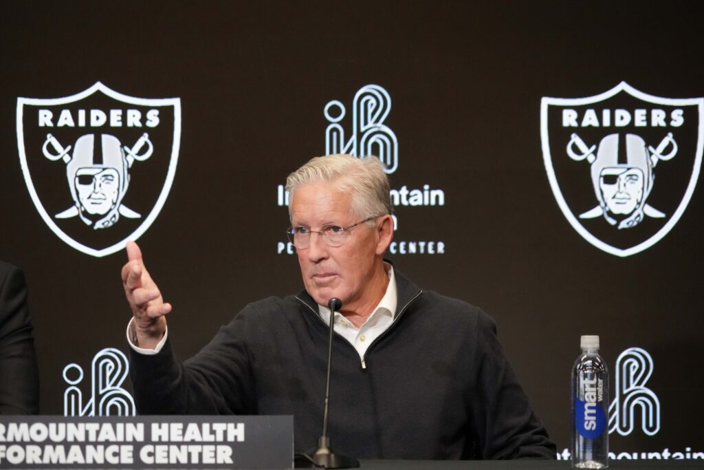 Las Vegas Raiders coach Pete Carroll at press conference at Intermountain Health Performance Center. 