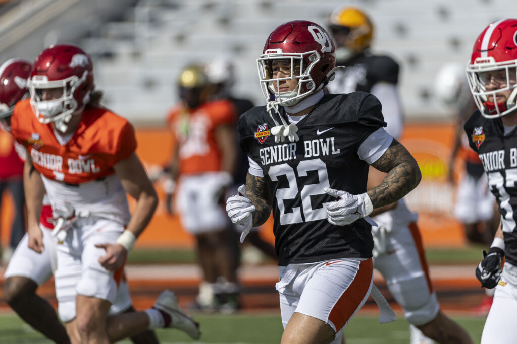 American team defensive back Billy Bowman Jr. of Oklahoma (22) runs through drills during Senior Bowl practice at Hancock Whitney Stadium.