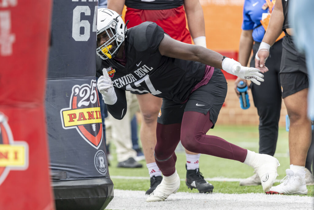 National team defensive lineman Jah Joyner of Minnesota (17) works through drills during Senior Bowl practice for the National team at Hancock Whitney Stadium.